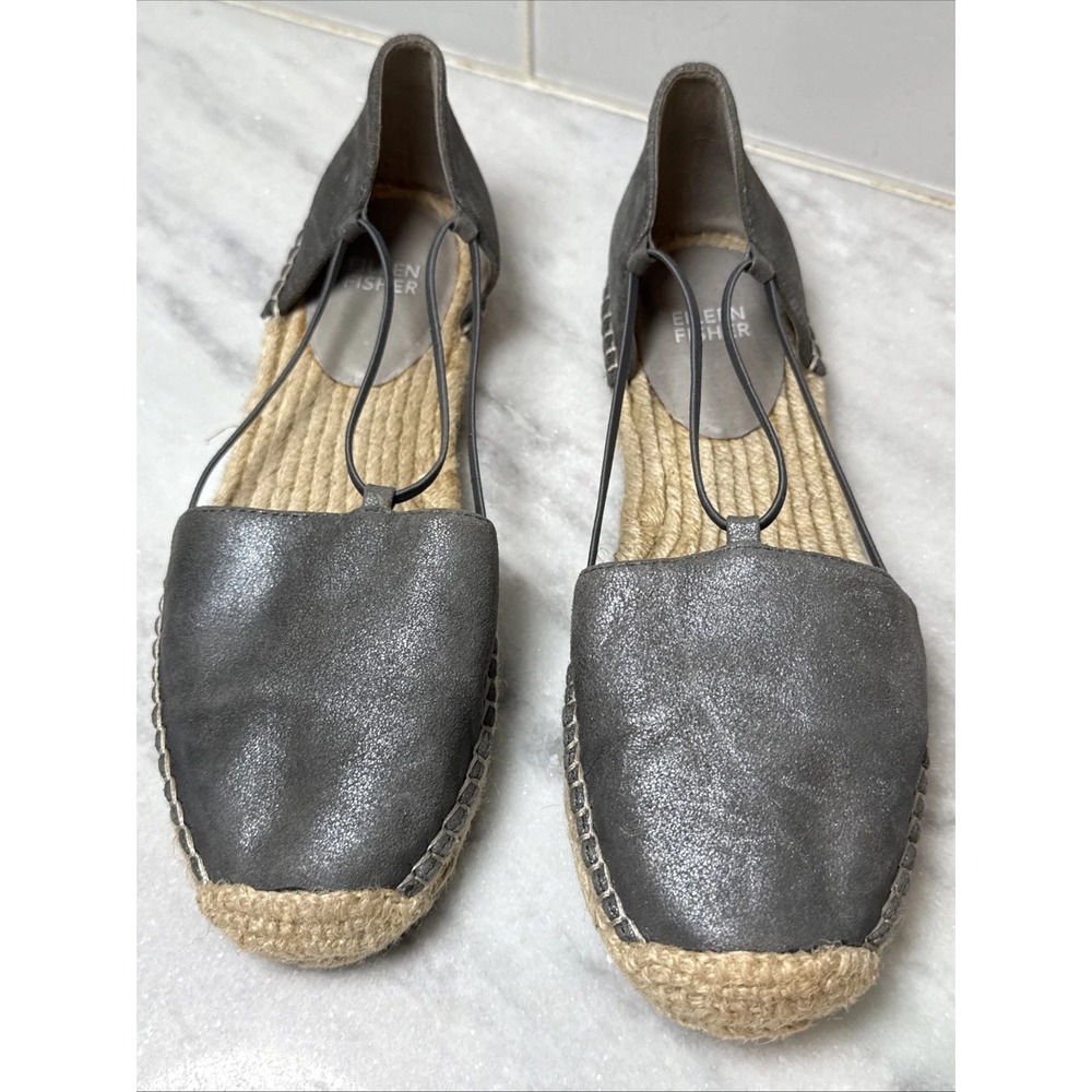 Eileen Fisher Espadrille Flats Womens 8 Gray Metallic Leather Suede Lace Up Boho